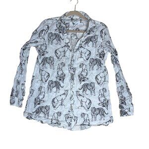 Cynthia Rowley 100% Linen Tiger Print Long Sleeve Button Down Shirt Women's sz M